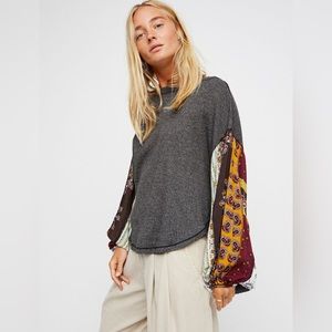 We the Free Blossom Thermal Waffle top with Printed Flowy Sleeves